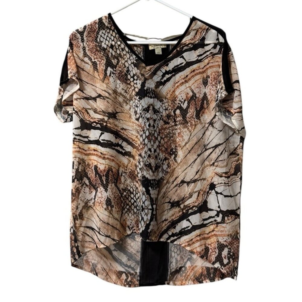 One World Live and Let Live Animal Print Blouse‎ Size Small Lightweight Sheer
